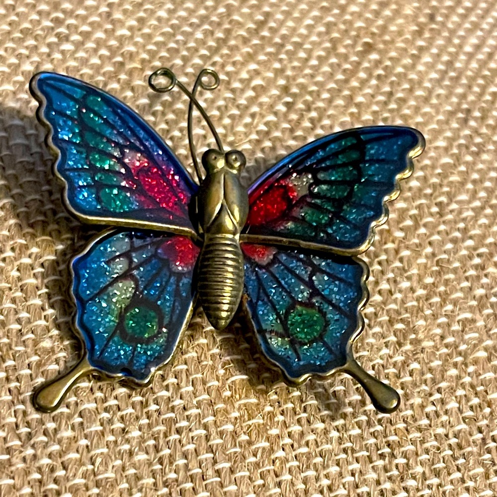 Vintage 70’s enamel painted Butterfly Brooch on brass